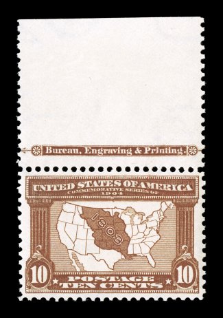 327, 10c Louisiana Purchase, an incredibly handsome full top margin imprint single, being marvelously bright and fresh, with deep luxuriant color and a razor-sharp impression on
pristine white paper, plus it is extraordinarily well centered. bri