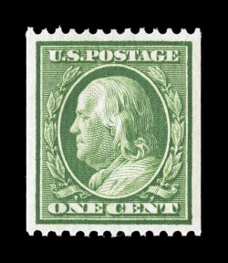 348, 1c Green coil, perf. 12 horiz., perfectly centered within large margins, fresh color, o.g., lightly hinged, extremely fine gem 2007 PSE certificate (Superb 98 SMQ
$140.00).