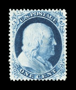 21, 1c Blue, Ty. III, perfectly centered, stunning intense color and impression on bright white paper, intact perforations all around, pristine o.g., with just a faint trace of
hinging, superb.Seasoned collectors of mint United States stamps w