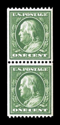 348, 1c Green coil, perf. 12 horiz., pair, exceedingly well centered and margined, deep luxuriant color and a razor-sharp impression on brilliantly white paper, unblemished
o.g., n.h., extremely fine a choice coil pair 1987 PF certificate.