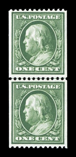 348, 1c Green coil, perf. 12 horiz., guide line pair, uncommonly well centered, rich color, o.g., n.h., extremely fine 2007 PSE certificate (VF-XF 85 SMQ
$770.00).