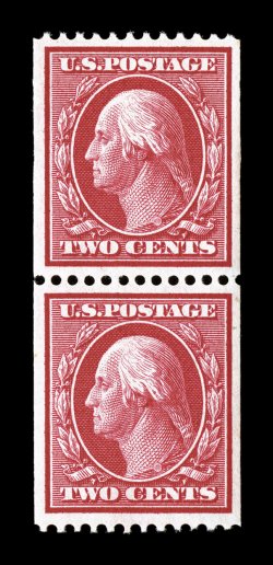 349, 2c Carmine coil, perf. 12 horiz., mint pair, excellent centering within large margins, radiant color, top stamp part o.g., bottom stamp o.g. and never hinged, extremely
fine 2007 PF certificate.