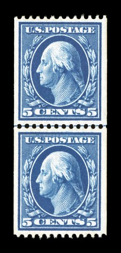 351, 5c Blue coil, perf. 12 horiz., guide line pair, extraordinarily well centered within large margins, marvelously bright and fresh, with intensely rich color and a sharp
detailed impression, pristine o.g., n.h., extremely fine a highly selec