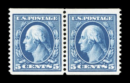 355, 5c Blue coil, perf. 12 vert., mint pair, exceptionally well centered within the largest margins possible for a genuine coil pair, rich luxuriant color on bright white
paper, o.g., lightly hinged, extremely fine 1987 PF certificate.