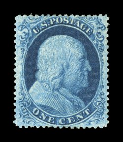 22, 1c Blue, Ty. IIIa, excellent centering within wide margins, marvelous color that is remarkably deep and intense, prooflike impression, full o.g., light horizontal gum bend at
bottom, extremely fine clear 1991 PF certificate.