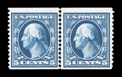 355, 5c Blue coil, perf. 12 vert., guide line pair, nicely centered, rich color, o.g., lightly hinged, very fine and quite scarce 2001 PF certificate.
