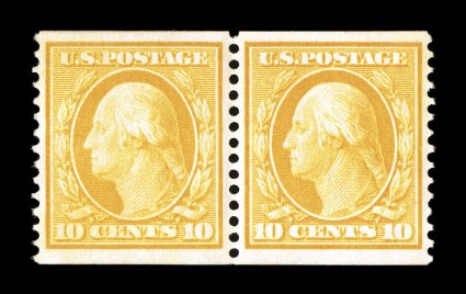 356, 10c Yellow coil, perf. 12 vert., an extraordinarily choice pair of this coil rarity, being incredibly well centered amid large margins, plus its color is marvelously bright
and fresh, o.g., lightly hinged, extremely fine an especially chal