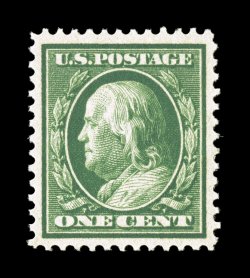 357, 1c Green on bluish paper, a highly desirable mint single, being exceedingly well centered within much larger margins than normally encountered, strong rich color and a well
incised impression, unblemished o.g., n.h., extremely fine 1998 PF