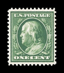 357, 1c Green on bluish paper, exceptionally well centered, deeply rich color, o.g., n.h., extremely fine 1986 PF certificate for a block of four, this being the bottom left
stamp.