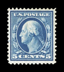 361, 5c Blue on bluish paper, far better centering within much larger margins than typically encountered on this rare stamp, strong rich color and a well incised impression,
o.g., very fine and choice 1986 PF certificate.