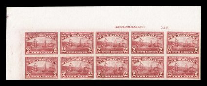 373, 2c Hudson-Fulton imperforate, 236 stamps contained in twenty block ranging in size from four to twenty one, this was at one time a complete sheet of 240 stamps from plate
5394 which has been cut into blocks, the only piece missing from this