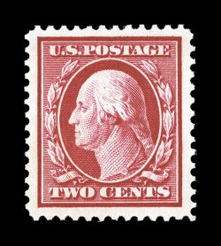 375, 2c Carmine, an eye-arresting mint single that features incredibly large margins all around and is extraordinarily well centered within them, plus its color is an especially
deep intense shade, with a highly detailed impression as well, o.g.