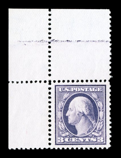 376, 3c Deep violet, Ty. I, a fabulous top left corner sheet-margin single, possessing outstanding centering amid lavishly large margins, brilliantly rich color and a crisp
impression, unblemished o.g., n.h., an extremely fine gem with great eye