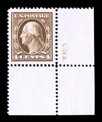 377, 4c Brown, a stunning bottom right corner sheet-margin single, possessing truly outstanding physical characteristics, including being flawlessly centered within incredibly
large and symmetrical margins all around, sumptuously rich color and