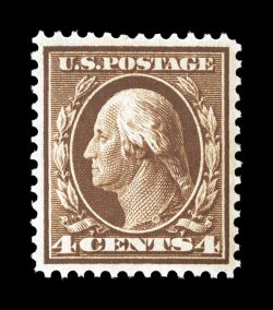 377, 4c Brown, excellent centering, strong rich color and a well incised impression, pristine o.g., n.h., extremely fine 2006 PF certificate - top sheet selvage subsequently
removed (XF-Superb 95 SMQ $1,000.00).