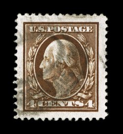 377, 4c Brown, an absolutely stunning used example, boasting margins of enormous proportions and, quite remarkably, being perfectly centered within this vast expanse, deep rich
color and a sharp detailed impression, relatively light cancel, supe