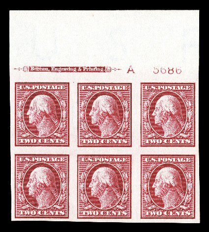 384, 2c Carmine, imperforate, full top margin imprint, letter A and plate no. 5686 block of six, large margins all around, deep fiery color and a well incised impression on
bright paper, o.g., n.h., extremely fine and quite choice ex-Foge