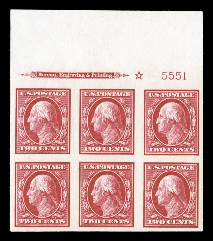 384, 2c Carmine, imperforate, full top margin imprint, star and plate no. 5551 block of six, lavish margins all around, strong rich color and impression on bright paper, o.g.,
n.h., extremely fine.