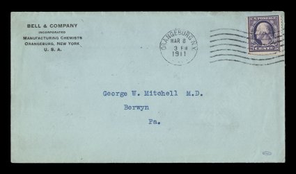389, 3c Deep violet, Ty. I, Orangeburg Coil, perf. 12 vert., an especially fresh and bright example of this major coil rarity, exhibiting the deep violet color that is typical
of the genuine stamps, tied to an unusually clean bluish green cove