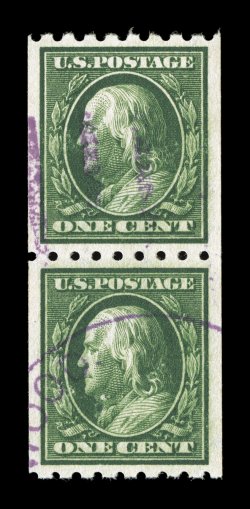 390, 1c Green coil, perf. 8 12 horiz., an impressive used pair, wonderfully well centered within wide margins, deep intense color and impression on fresh white paper, light
violet duplex cancel, extremely fine and uncommonly choice 2007 PS