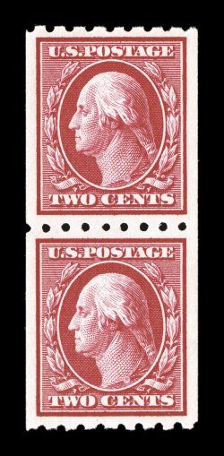 391, 2c Carmine coil, perf. 8 12 horiz., attractive mint pair, radiant color and a crisp detailed impression on bright paper, exceedingly well centered within large margins,
pristine o.g., n.h., extremely fine 1986 PF certificate.