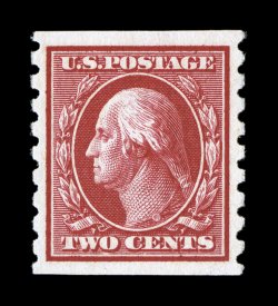 393, 2c Carmine coil, perf. 8 12 vert., gem mint single, outstanding centering within large margins, rich vibrant color, o.g., n.h., extremely fine 2006 PF certificate
(XF-Superb 95 SMQ $630.00).