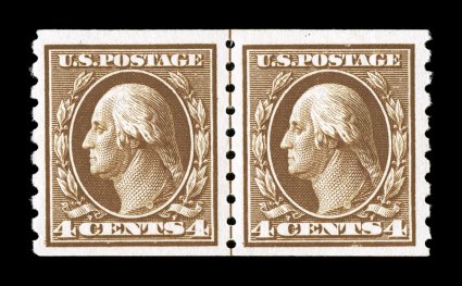 395, 4c Brown coil, perf. 8 12 vert., guide line pair, well centered within uncommonly large margins, rich color, o.g., l.h., extremely fine 2006 PSE certificate (VF-XF 85 SMQ
$490.00).