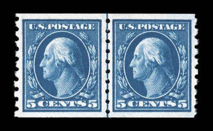 396, 5c Blue coil, perf. 8 12 vert., guide line pair, deep intense color and impression on pristine white paper, excellent centering, o.g., lightly hinged, extremely fine 1987
PF certificate.