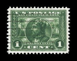 397, 1c Panama-Pacific, a marvelously choice used single, possessing exceptionally large and perfectly balanced margins all around, rich luxuriant color and a deeply etched
impression on clean white paper, light machine cancel, an extremely fine