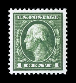 405, 1c Green, the ultimate mint single, perfectly centered within remarkably wide margins, beautiful rich color and a razor-sharp impression on bright white paper, even its
perforations are uniformly intact all around, unblemished o.g., n.h.,