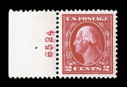 406, 2c Carmine, Ty. I, impressive left margin plate no. 6524 single, marvelously well centered within enormously large margins, dazzling intense color and impression, o.g.,
n.h., extremely fine gem a striking stamp 2007 PSE certificate (XF-Su