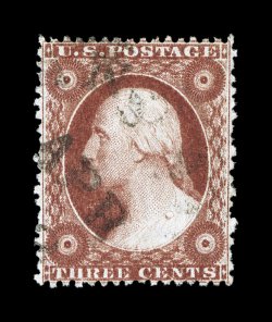 25, 3c Rose, Ty. I, strikingly intense color and prooflike impression, uncharacteristically well centered, light town cancel, extremely fine 2007 PSE certificate.