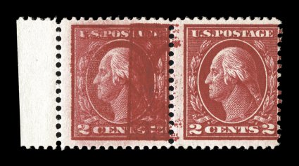 406b, 2c Carmine, double impression, a spectacular left sheet-margin horizontal pair, displaying a remarkable 12mm displacement of additional impressions on each stamp, intense
color, o.g., fine a very rare error which is listed but unpriced in