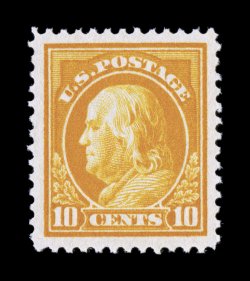 416, 10c Orange yellow, an eye-arresting mint single, being incredibly well centered within enormously large margins, striking radiant color and an intense impression, o.g.,
faintly hinged, extremely fine gem 2007 PSE certificate (Superb 98 Jum