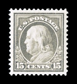 418, 15c Gray, a fabulous quality mint single, featuring impeccable centering amid exceedingly large margins, wonderfully fresh color and a crisp impression on immaculate white
paper, brilliant o.g., n.h., an extremely fine gem in every regard