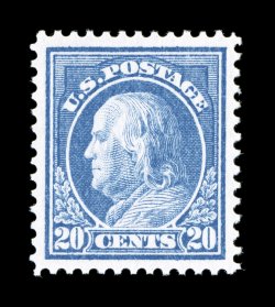 419, 20c Ultramarine, a highly select mint single, possessing a wonderful overall freshness, with gorgeous rich color and a highly detailed impression on pristine white paper,
extraordinarily well centered within large margins, unblemished o.g.,