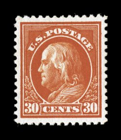 420, 30c Orange red, a gorgeous mint single, featuring dazzling color that is remarkably deep and intense, prooflike impression on pristine white paper, exceedingly well
centered within large margins, o.g., n.h., extremely fine gem 2007 PF cert