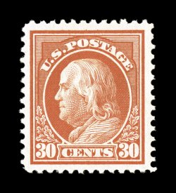 420, 30c Orange red, excellent centering within especially large margins, gorgeous color and a highly detailed impression on bright paper, flawless o.g., n.h., extremely fine
and uncommonly choice 2007 PSE certificate (XF 90 SMQ $825.00).