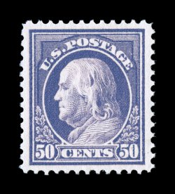422, 50c Violet, double line watermark, unusually well centered within extravagantly large margins, rich vibrant color, o.g., faintly hinged, extremely fine 1986 PF
certificate.
