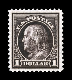 423, $1.00 Violet brown, impressive mint single, featuring remarkably large margins and being wonderfully well centered within them, deeply rich color and a well incised
impression, o.g., lightly hinged, extremely fine 1988 PF certificate.