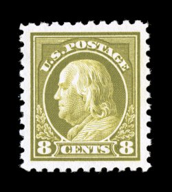 431, 8c Pale olive green, the ultimate mint single, being flawlessly centered within incredibly large margins, gorgeous rich color and an intense impression, its perforations
are completely intact all around, pristine o.g., n.h., superb the per