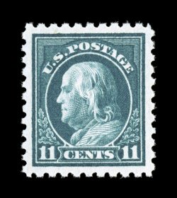434, 11c Dark green, a phenomenal mint example that is the epitome of perfection, sporting absolutely flawless centering amid exceedingly large margins, stunning prooflike color
and impression on fresh crisp paper, immaculate o.g., n.h., a super