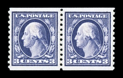 445, 3c Violet flat plate coil, perf. 10 vert., gem mint pair, extraordinarily well centered and margined (especially the right stamp), deep luxuriant color and an intense
impression, pristine o.g., n.h., extremely fine 1986 PF certificate.