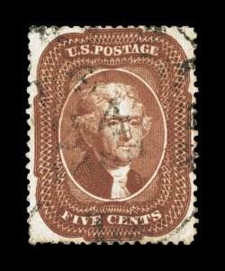 28A, 5c Indian red, Ty. I, a most impressive used example of this very scarce stamp, being exceptionally well centered within wider margins than usually encountered, rich
luxuriant color in the true Indian red shade, intense impression as well,