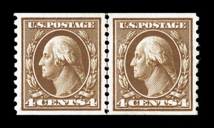 446, 4c Brown flat plate coil, perf. 10 vert., guide line pair, exceptionally well centered and margined, fresh rich color, o.g., extremely fine 1991 PF
certificate.