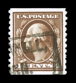 446, 4c Brown flat plate coil, perf. 10 vert., exceptional quality used single, marvelously well centered and margined, deep rich color on fresh paper, extremely fine certainly
not an easy stamp to find in this impressive used condition 2007 P
