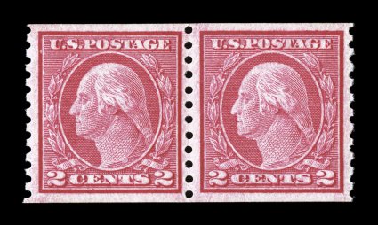 453, 2c Carmine rose rotary coil, Ty. I, perf. 10 vert., mint pair, well centered, particularly the right stamp, bright and fresh, o.g., left stamp n.h., right stamp l.h., very
fine-extremely fine 1990 PF certificate.