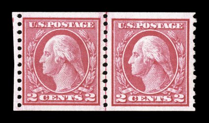 453, 2c Carmine rose rotary coil, Ty. I, perf. 10 vert., joint line pair, with a portion of the adjoining stamp at left to balance the margins, bright fresh color, o.g., n.h.,
very fine 2005 PF certificate.