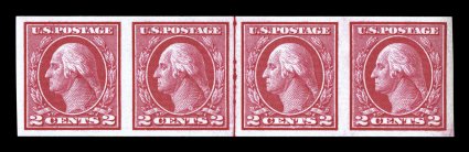 459, 2c Carmine imperforate coil, joint line strip of four, without the usual crease between the two middle stamps, deep vibrant color, large margins all around, pristine o.g.,
n.h., extremely fine an exceedingly choice example of this rare