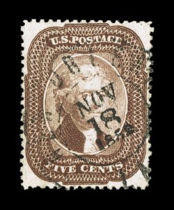 29, 5c Brown, Ty. I, used, outstanding centering, sumptuously rich color and a well incised impression, light 1859 year date town cancel, slightly nibbed perf. at bottom right,
still extremely fine clear 1989 PF certificate ex-Klein.